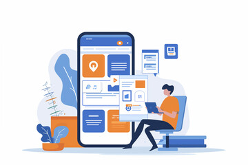 man sitting near the big mobile device screen isolated in white background, business infographic elements, boy works with bars charts and graphs, data analyze concept, data statistics