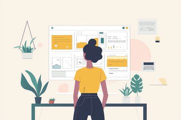 Woman standing and pointing hand towards the computer device isolated in white background, business infographic elements, girl works with bars charts and graphs, data analyze concept, data statistics