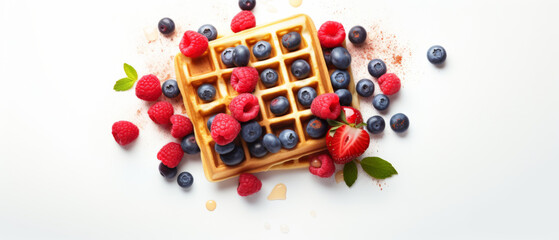 Sumptuous Belgian Waffles Topped with Ripe Blueberries, Raspberries, Strawberry Slices, and a Dusting of Cinnamon