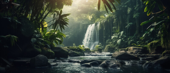 Sunlight Filtering Through a Lush Tropical Rainforest onto a Tranquil Waterfall and Stream - obrazy, fototapety, plakaty
