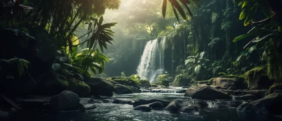 Fotobehang Sunlight Filtering Through a Lush Tropical Rainforest onto a Tranquil Waterfall and Stream © Priessnitz Studio