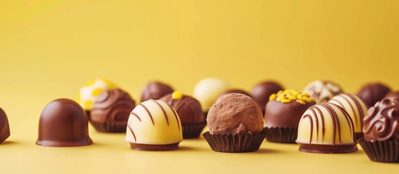 The image showcases a variety of chocolate truffles with multiple designs and flavors, artistically arranged on a vibrant yellow background, invoking a sense of gourmet luxury and sweet indulgence.