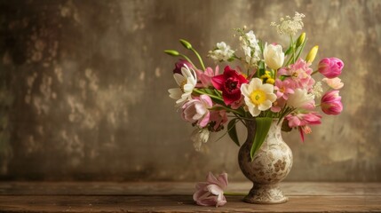 Fototapeta na wymiar Springtime Floral Arrangement in Vintage Ceramic Vase AI Generated.