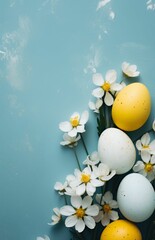 Bouquet of Flowers and Eggs on Blue Background