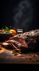 juicy Smoked brisket on a dark oak table
