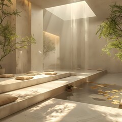 Luxurious Modern Spa Interior with Natural Sunlight and Waterfall Feature