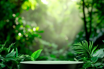 Cylinder podium for product demonstration on green background with nature elements like leaves, plants and flowers