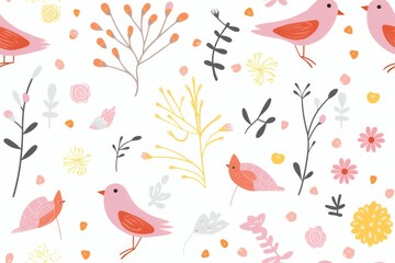 Birds and Flowers Pattern on White Background
