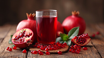 Pomegranate juice displayed against a backdrop of wood