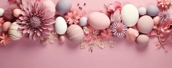 Fototapeta na wymiar Pink Background With Flowers and Eggs