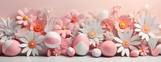 Fototapeta na wymiar Group of Pink and White Flowers and Eggs