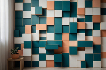 interior of modern living room with blue and orange mosaic tiles wall