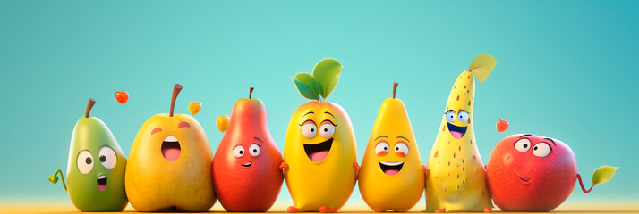 Banner with funny fruits. Cheerful fruits with smiling faces. Vitamins and healthy food for children. Cute horizontal header for blog, advertising, children's menu.