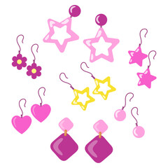 jewelry set, pink earrings pendant  woman, girl, female bijou vector illustration