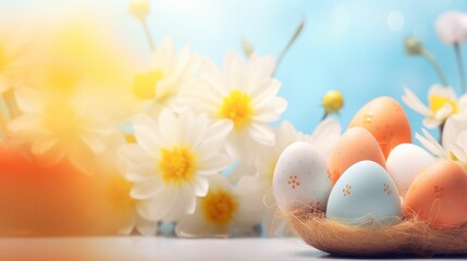 Obraz na płótnie Canvas A Group of Eggs in a Nest With Daisies