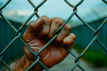 Man hand holding metal chain link fence Refugee concept