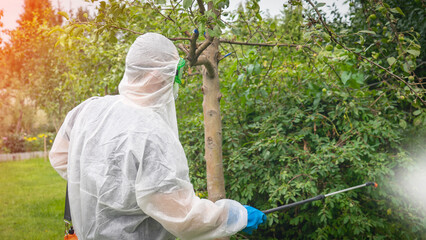 Farmer treats pesticides against pests fruit trees in orchard, pears, apple trees and other fruit...