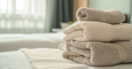Pilha de toalhas limpas na cama, close-up. Interior do quarto - obrazy, fototapety, plakaty
