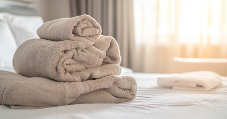 Pilha de toalhas limpas na cama, close-up. Interior do quarto