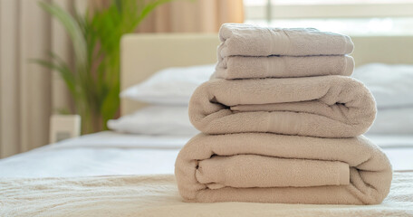 Pilha de toalhas limpas na cama, close-up. Interior do quarto - obrazy, fototapety, plakaty