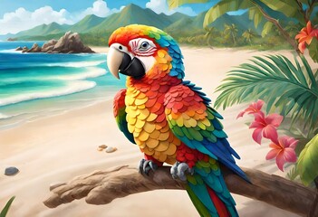 blue, red and yellow macaw on beach