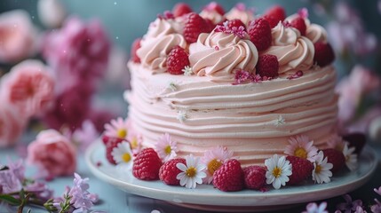 Obraz na płótnie Canvas a pink frosted cake with raspberries and daisies on a plate next to pink and white flowers.