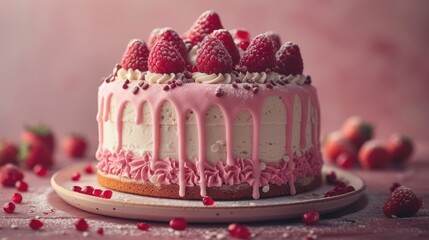 a close up of a cake on a plate with strawberries on top of it and pink icing on the top of the cake.