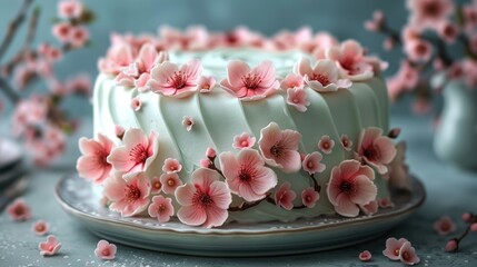 a close up of a cake on a plate with pink flowers on the top of the cake and on the bottom of the cake.