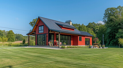 Obraz premium This country retreat features an innovative design with the living area effortlessly transitioning into a dedicated space for agricultural business operations and farm stands