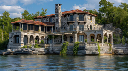 Fototapeta na wymiar Like a castle on the water this floating home incorporates elements of oldworld charm with its elegant stone facade and cantilevered balconies.