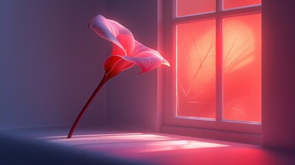 a red flower sitting on top of a window sill next to a window sill with a red light coming through it.