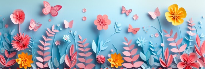 Paper flowers and butterflies on an azure background