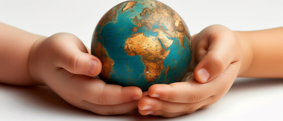 A child holding a globe, planet earth in his hands, environmental protection by the growing generation