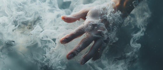 Human Hand Disturbing Calm Water Surface Creating Dynamic Splashes and bubbles