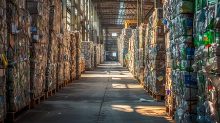 A factory floor lined with stacks of repurposed packaging materials ready to be transformed into new packaging for products exemplifying the closed loop system of a circular