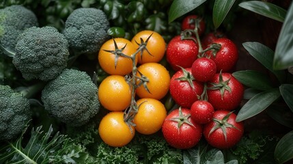 a bunch of tomatoes, broccoli, and other vegetables are arranged in a variety of shapes and sizes.