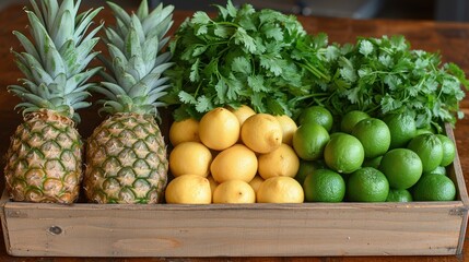 pineapples, lemons, limes, limes, and limes in a wooden crate on a table.