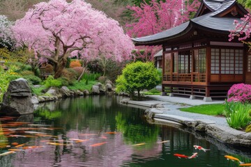 Fototapeta na wymiar The warm sunset glow reflects on the tranquil waters of a koi pond by a traditional Japanese pavilion, surrounded by the soft pink hues of cherry blossoms. Resplendent.