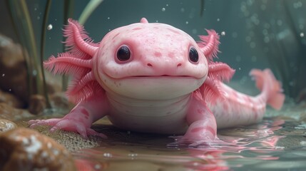 a close up of a pink gecko in a body of water with grass and rocks in the back ground.