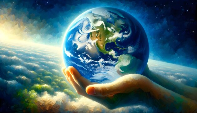 The image depicts a hand gently holding the Earth against a backdrop of clouds and space, with the sun's rays illuminating the planet.

