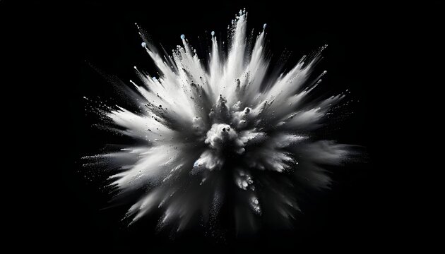 This image displays an explosion of white paint against a black background, creating a dynamic and dramatic contrast with splatters dispersing radially.

