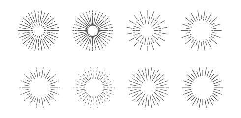 Sunburst template set. Bursting sun rays. Fireworks. Vintage design element. Radial sunset beams isolated PNG