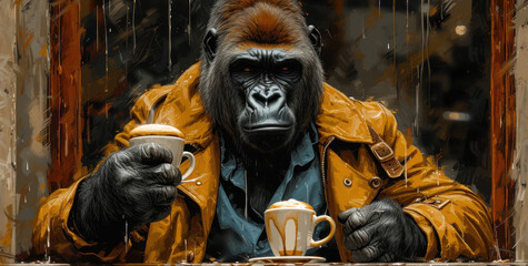 Fototapeta na wymiar a gorilla sitting at a table with a cup of coffee in his hand and a mug in his other hand.