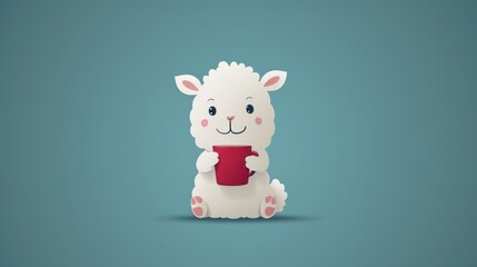 a white llama holding a red cup of coffee on a blue background with a shadow of it's face.