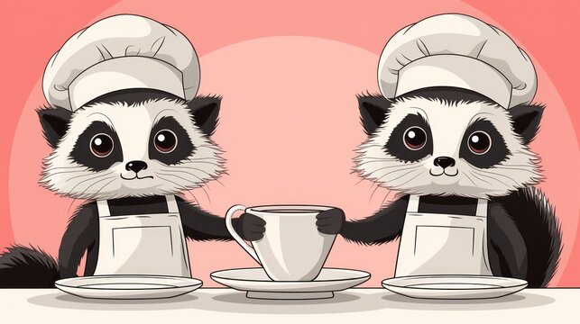 a couple of raccoons sitting next to each other at a table with a cup and saucer in front of them.