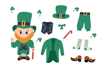 Doodle colored set of leprechaun and his clothes. Bright green pants, socks, hat, tailcoat and shoes of Irish traditional character on white background with clover leaves