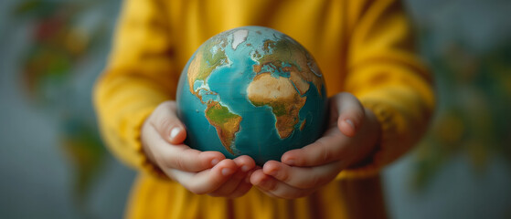 A child holding a globe, planet earth in his hands, environmental protection by the growing generation