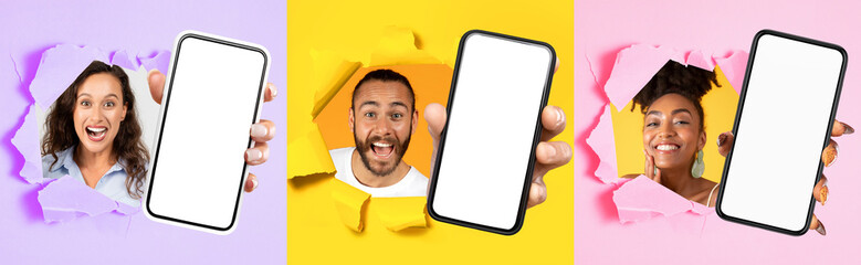 Three ecstatic individuals burst through colorful torn paper, each holding a smartphone with a...