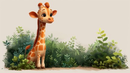 a painting of a giraffe standing in a field of grass and plants, with a white wall in the background.
