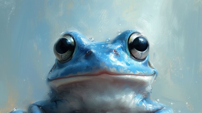 a close up of a blue frog's face with big eyes and a blue body with white spots on it.
